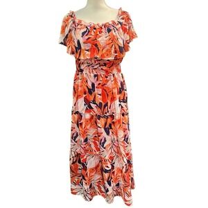 Rabbit Rabbit Rabbit Petite‎ Floral Maxi Dress Orange Red Smocked Tiered 16P NEW